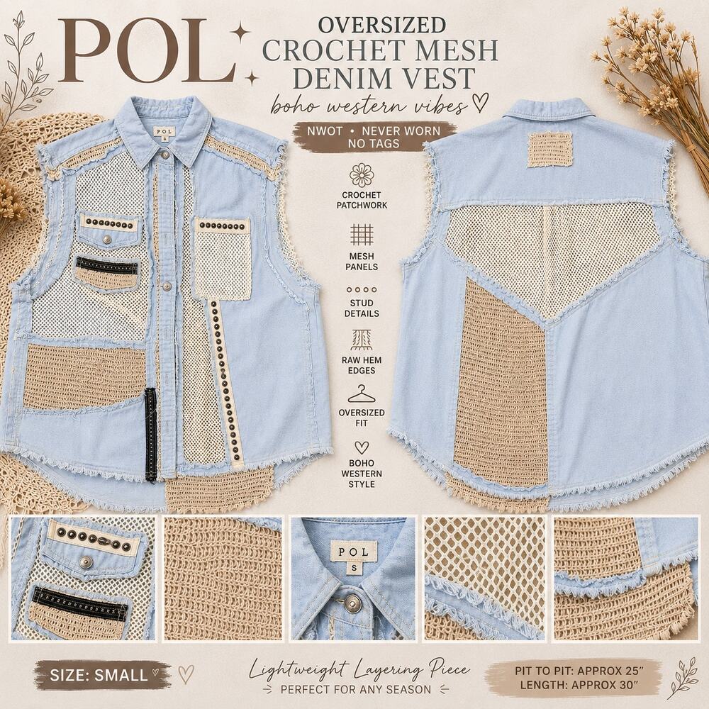POL Crochet Mesh Studded Oversized Denim Vest Boho Western Small